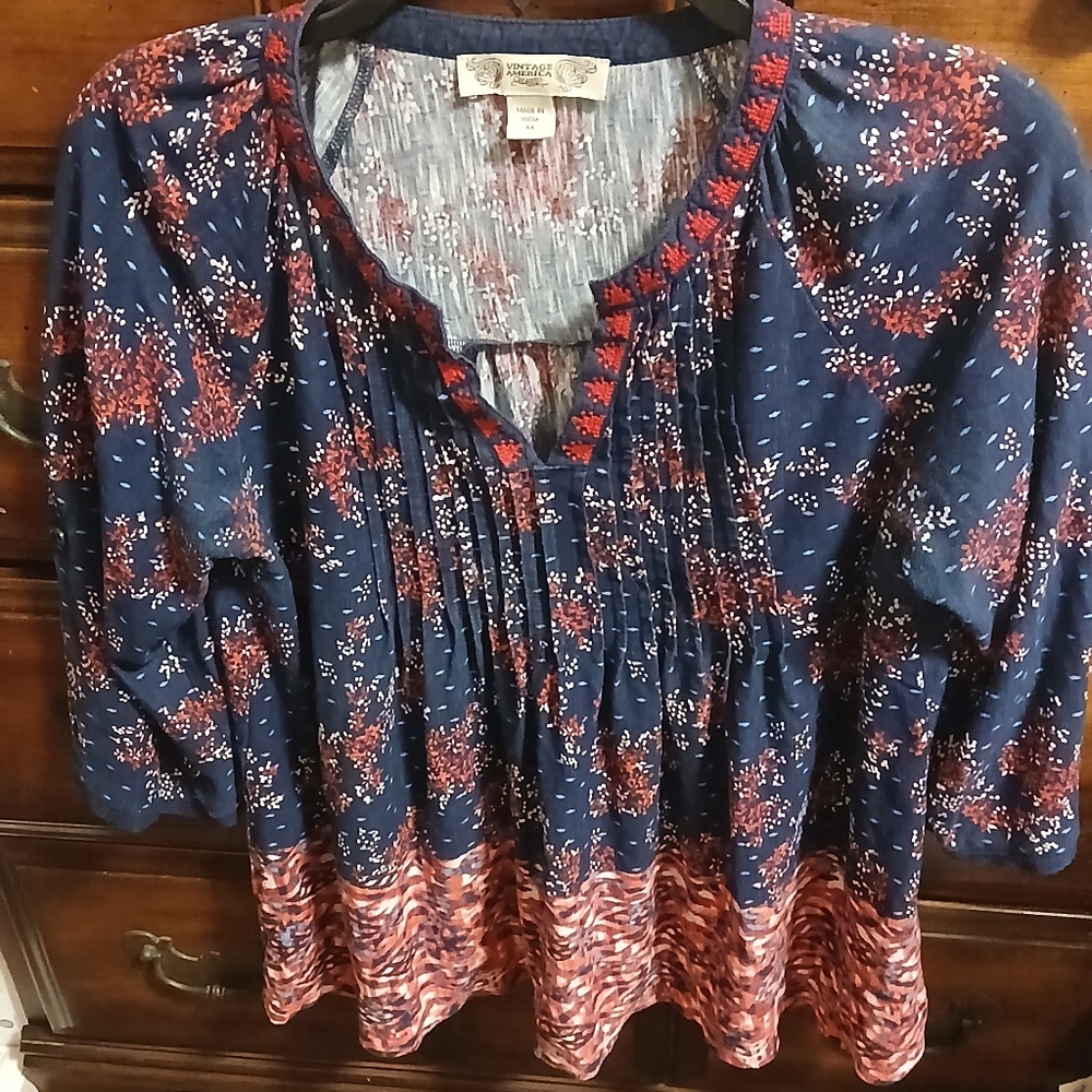Vintage America Blue and Red Patterned Blouse